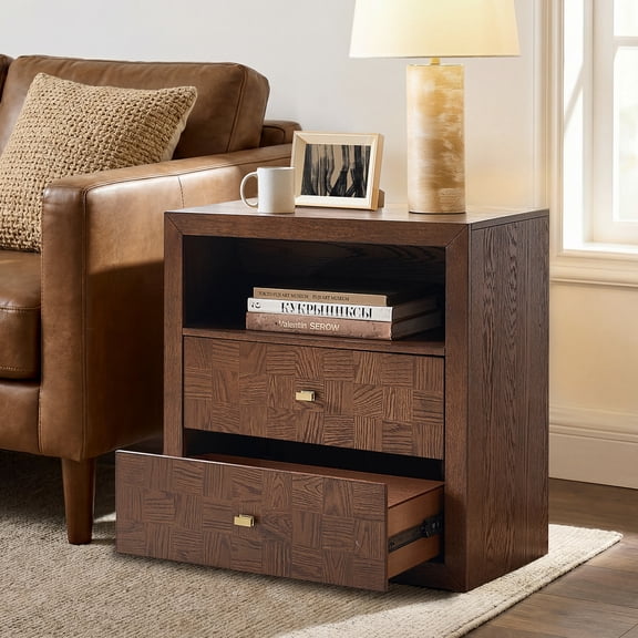 Tina's Home Modern Solid Oak Storage End Table with Charging Station, 2 Drawers & Open Shelf, Walnut
