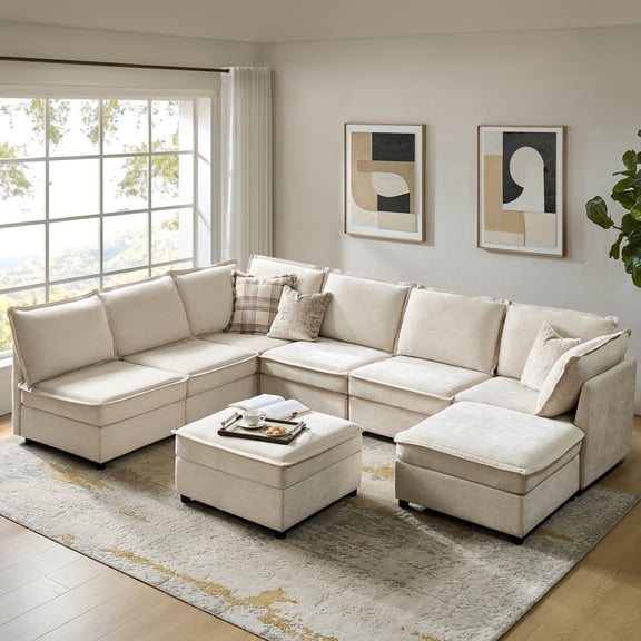 Tina's Home Oversized Modular Sectional Sofa, 8-Seat U-Shaped Couch with Storage Ottoman, Deep Seat Chenille Convertible Sofa for Living Room Apartment Beige