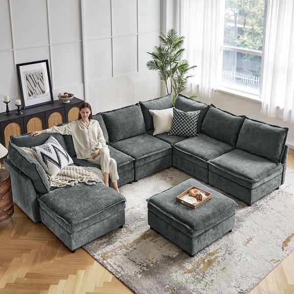 Tina's Home Oversized Modular Sectional Sofa, 8-Seat U-Shaped Couch with Storage Ottoman, Deep Seat Chenille Convertible Sofa for Living Room Apartment Gray