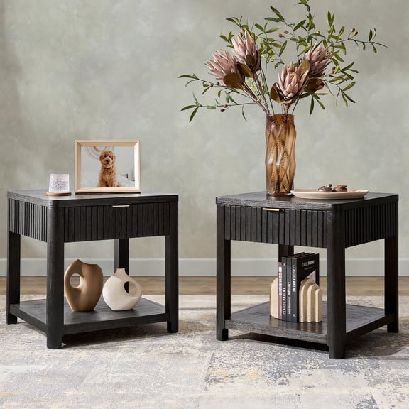 Tina's Home Set of 2 Wood End Table with Drawer and Open Shelf, 24 Inch Rubber Wood Side Table, Oak Veneer Accent Table for Living Room, Small Space, Walnut