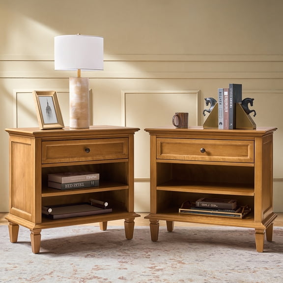 Tina's Home Solid Wood End Table Set of 2 with Charging Station, Modern Transitional Accent Table with 1-Drawer & Adjustable Shelf for Small Spaces, Acorn