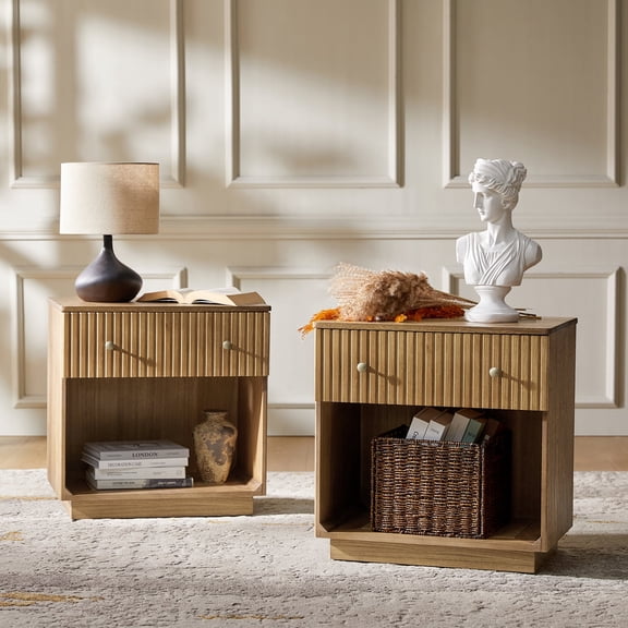 Tina's Home Solid Wood End Table Set of 2 with Hidden Storage & Integrated Charging Station – Acorn Finish, Modern Design