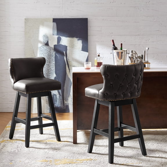 Tina's Home Traditional Swivel Bar Stools Set of 2, Wingback Tufted Counter Height Chairs with Nailhead Trim Brown