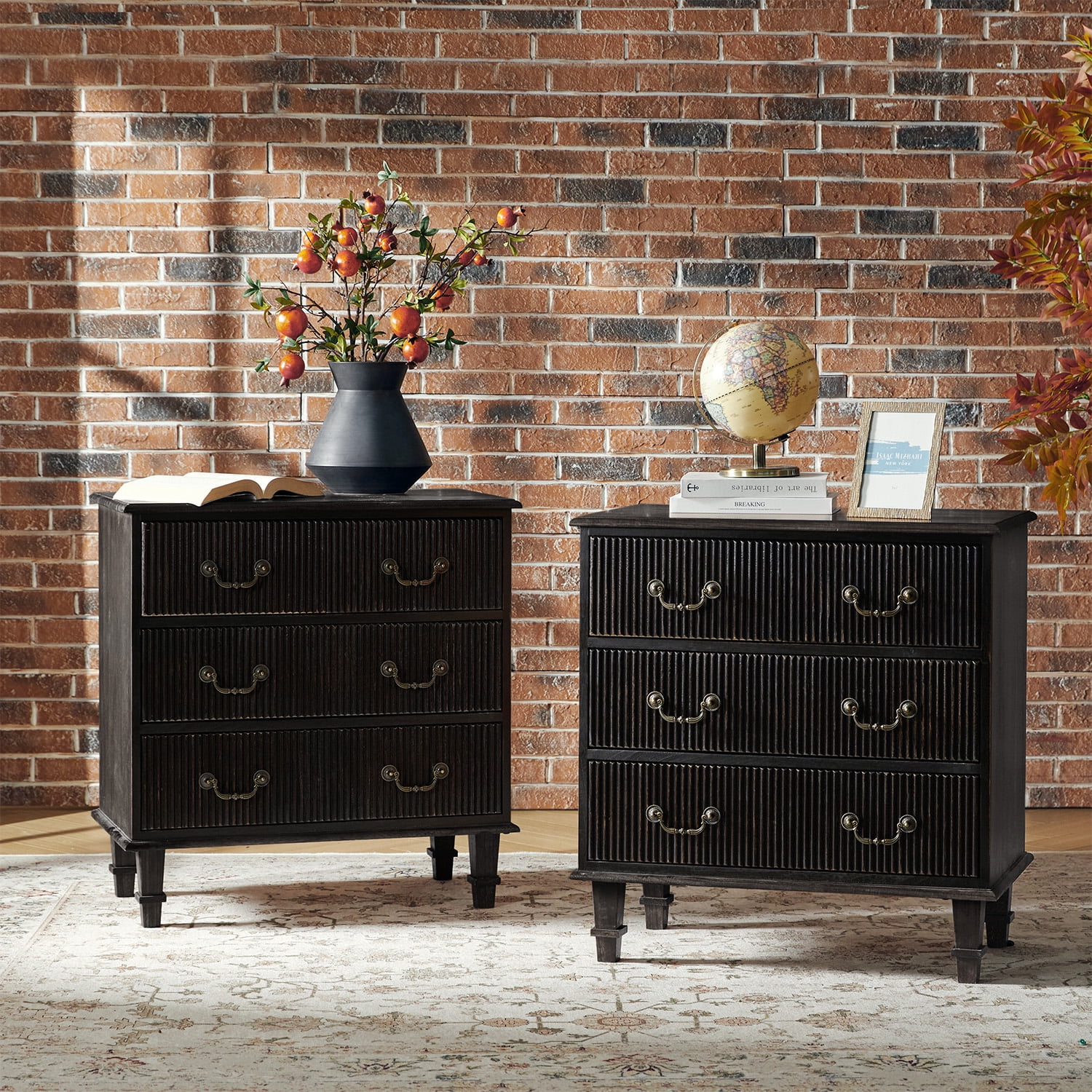 Tina's Home Transitional Set of 2 Solid Wood End Tables with Vertical Striped Design, Built-in Charging Station - 4 Charcoal Drawers