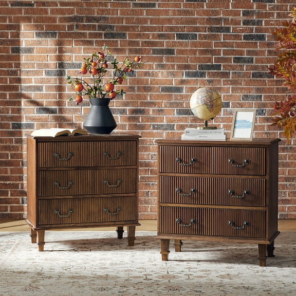 Tina's Home Transitional Set of 2 Solid Wood End Tables with Vertical Striped Design, Built-in Charging Station - 4 Walnut Drawers