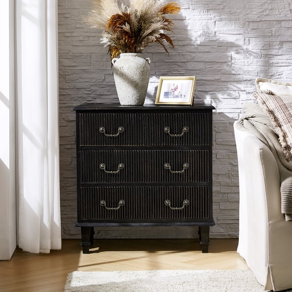 Tina's Home Transitional Solid Wood End Table with Vertical Striped Design, Built-in Charging Station - 4 Charcoal Drawers