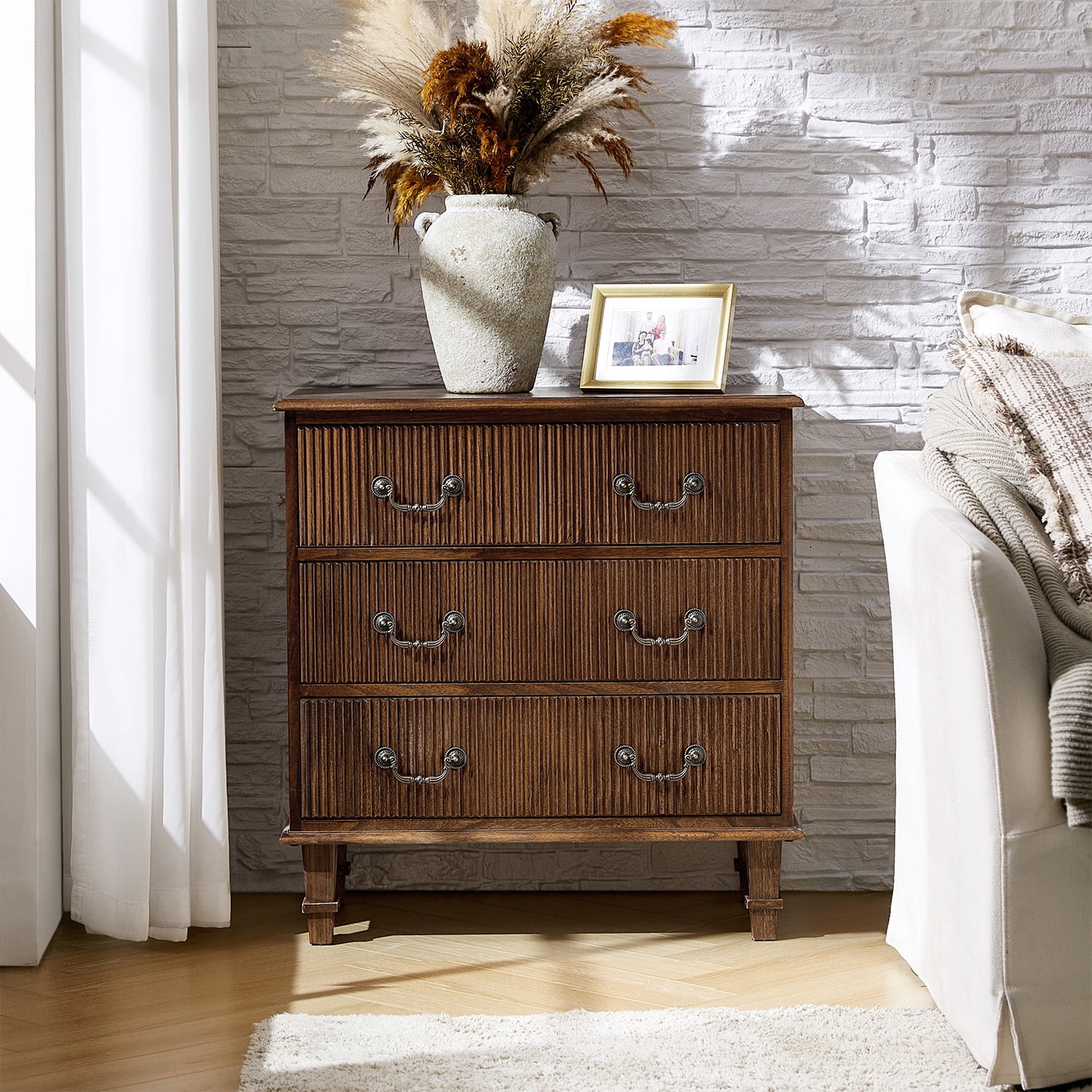 Tina's Home Transitional Solid Wood End Table with Vertical Striped Design, Built-in Charging Station - 4 Walnut Drawers