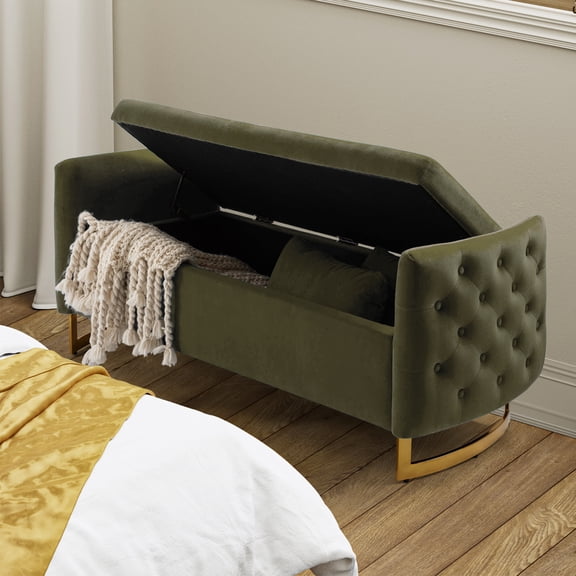 Tina's Home Upholstered Flip-Top Storage Bench Button Tufted with Pillows Golden Base for Home Bedroom Moss