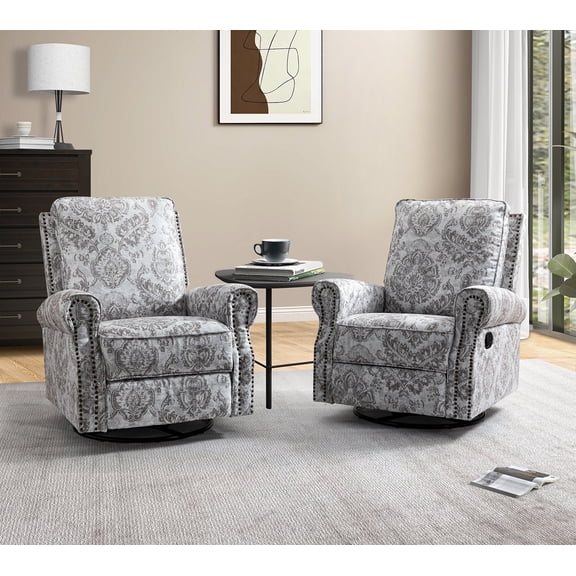 Tina's Home Upholstery 360° Swivel Recliner Set of 2, Nursery Chair with Nailhead Trim & Metal Base for Living Room & Nursery Comfort Beige