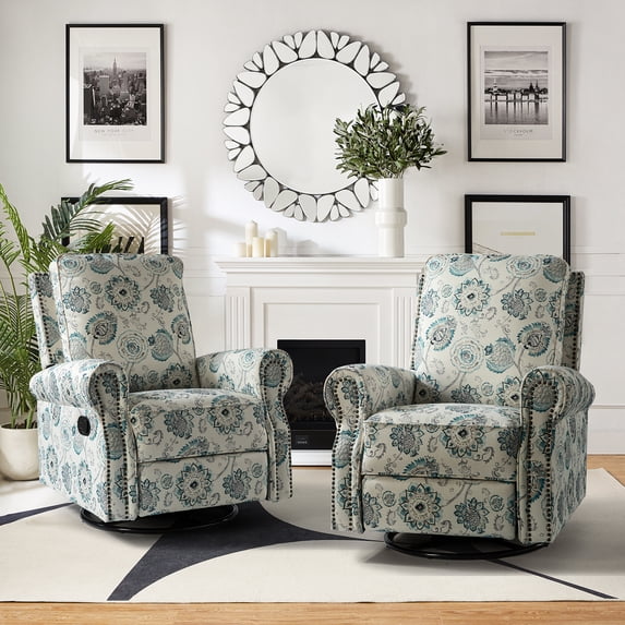 Tina's Home Upholstery 360° Swivel Recliner Set of 2, Nursery Chair with Nailhead Trim & Metal Base for Living Room & Nursery Comfort Medallion