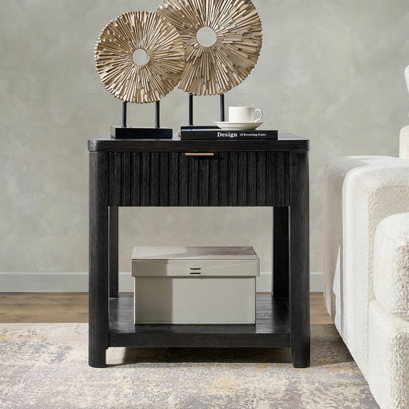 Tina's Home Wood End Table with Drawer and Open Shelf, 24 Inch Rubber Wood Side Table, Oak Veneer Accent Table for Living Room, Small Space, Walnut
