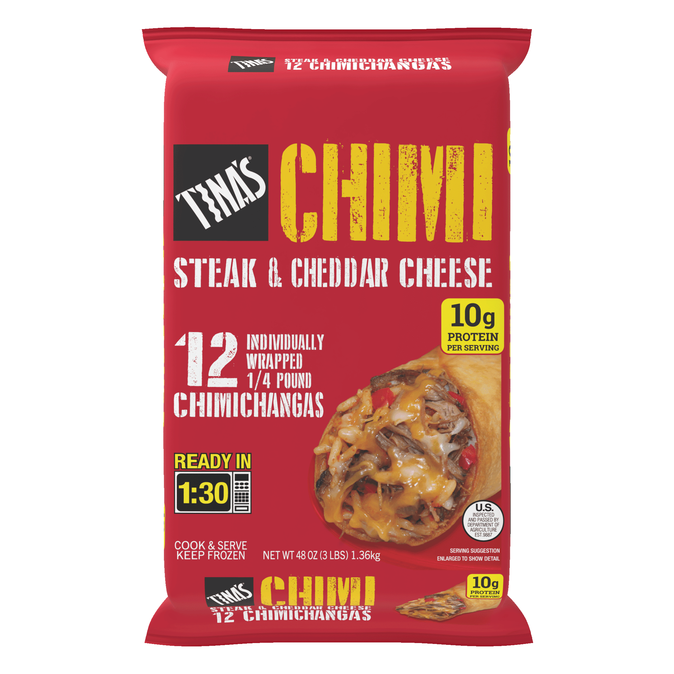 Tina’s Steak & Cheddar Cheese Chimichangas, 10g Protein, 48 oz, 12 Count (Frozen)