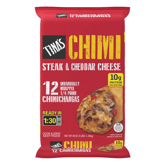 Tinas Steak & Cheddar Cheese Chimichangas, 10g Protein, 48 oz, 12 Count (Frozen)