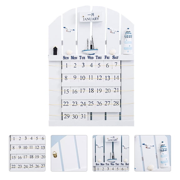 Tineasur 1Pc Wooden Perpetual Calendar White Mediterranean Style Wall Decoration