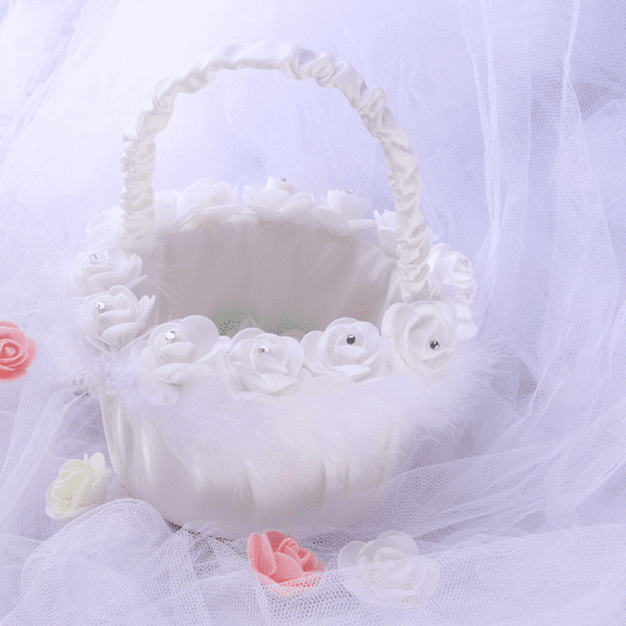 Tineasur White Satin Wedding Basket Bubble Flower Design for Ceremony and Shower