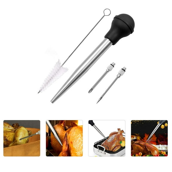 Tineasur 1Set Kitchen Meat Injector Black Stainless Steel Needle Bbq Seasoning Syringe for Turkey
