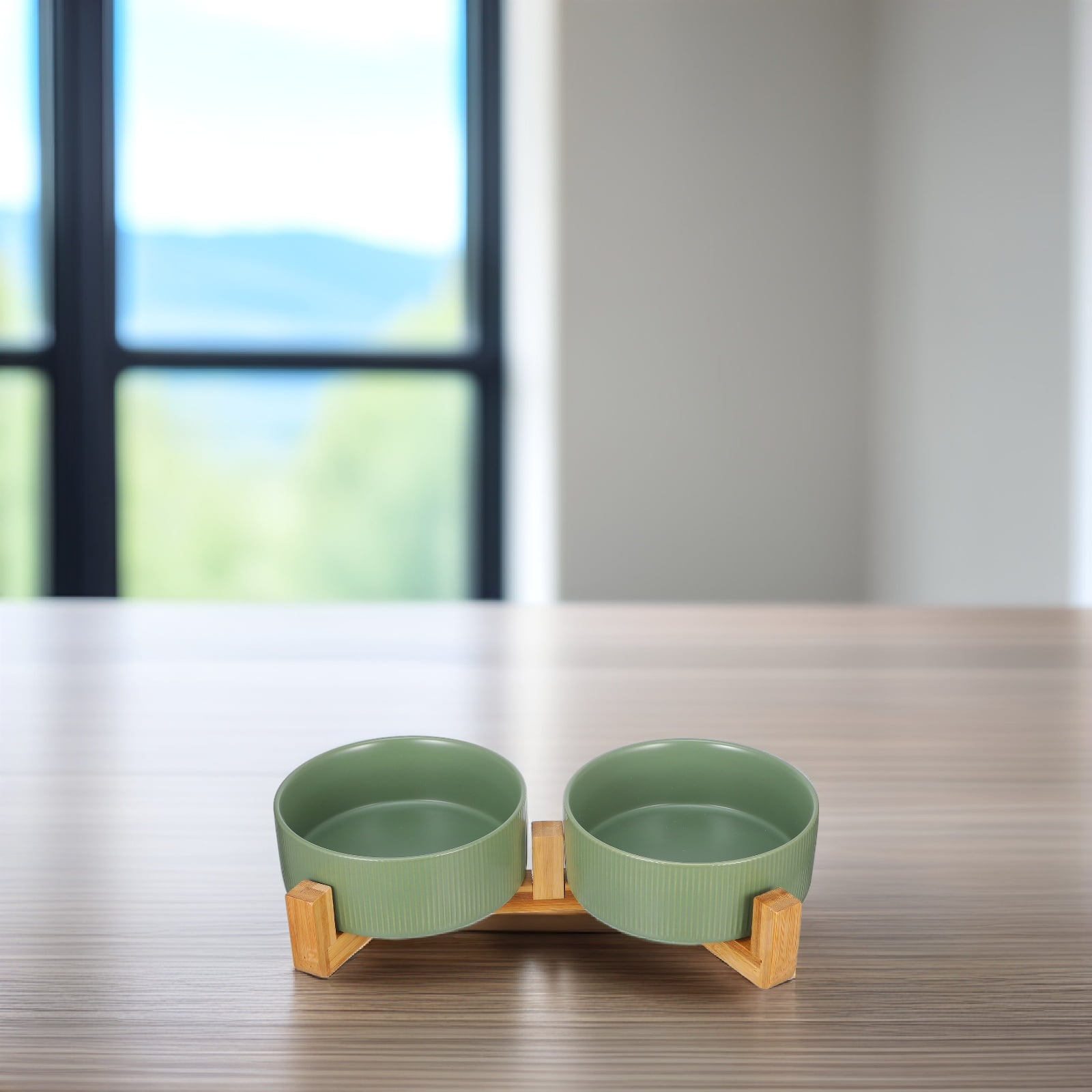 Tineasur 1Set Elevated Ceramic Dog Food Bowl with Sturdy Wooden Stand Stable and Easy to Clean