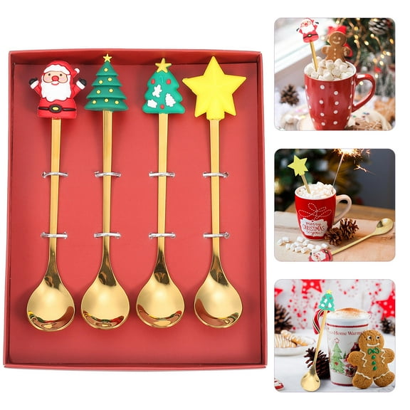 Tineasur Decorative Serving Spoons Christmas Design Red Stainless Steel 4 Spoons