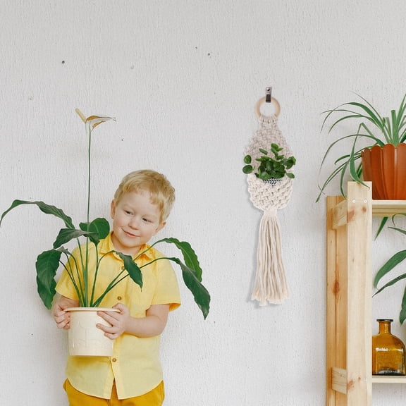 Tineasur Hand-Made Macrame Hanging Basket Beige Cotton Rope Decorative Storage