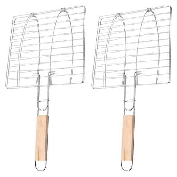 Tineasur 2 Pcs Fish Grill Basket with Wooden Handle, Iron Wire BBQ Grilling Rack for Barbecue, Seafood, Vegetables and Cookouts