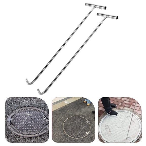 Tineasur 2Pcs Manhole Cover Lifting Hook Stainless Steel Plated Silver T Shape for Outdoor Use with Easy Grip