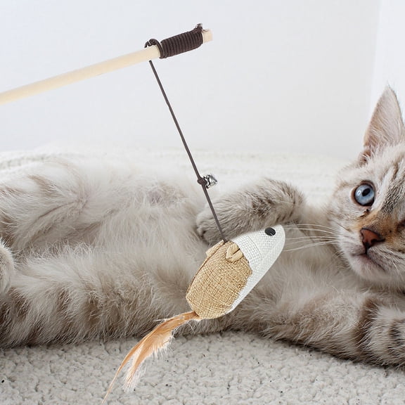 Tineasur Multifunctional Beige Cat Teaser, Wooden Wand with Plume Tail Mouse Design 2Pcs