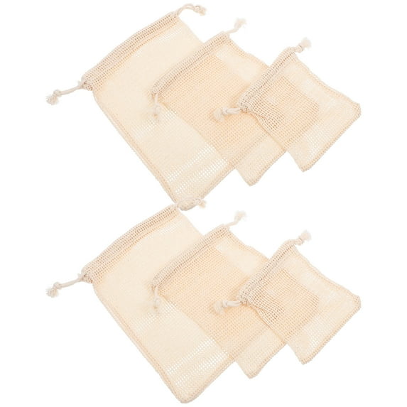 Tineasur 6Pcs Cotton Drawstring Storage Bags for Fruit and Vegetables Beige