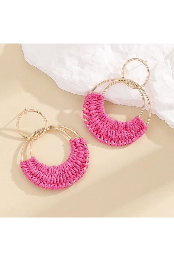 Beach Statement Earrings 1 Pair Raffia Hoop Earrings Rosy Oval Metal For Women