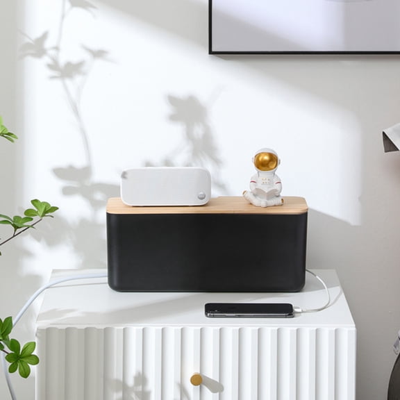 Tineasur Cord Organizer Box Black Plastic and Wood for Wall Mounted Cable Storage