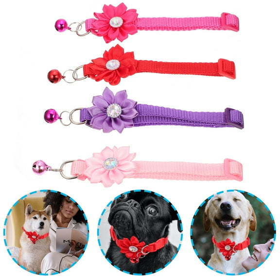 Tineasur 4-Pack Adjustable Pet Collars with Bell, Flower Design, Assorted Colors, Comfortable Neck Accessories for Dogs and Cats