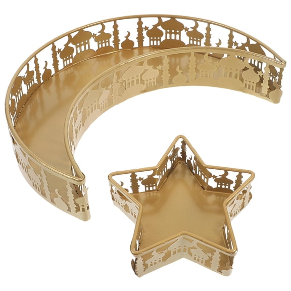 Tineasur 2Pcs Ramadan Food Serving Tray Moon and Star Shape Golden Iron Snack Dish