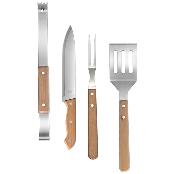 Tineasur 1Set Stainless Steel Grill Set with Wood Handles for Outdoor Camping Picnic Barbecue