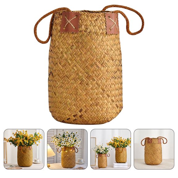 Tineasur Reusable Flower Pot Basket Cover in Brown Woven Grass for Spring Decor and Office Decoration