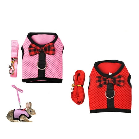 Tineer Rabbit Harness with Lead Leash Set - Soft Breathable Mesh Pet Chest Harness Vest Walking for Kittens,Bunny,Hamster,Guinea Pig,Ferret and Other Small Animals (L, Pink + Red)