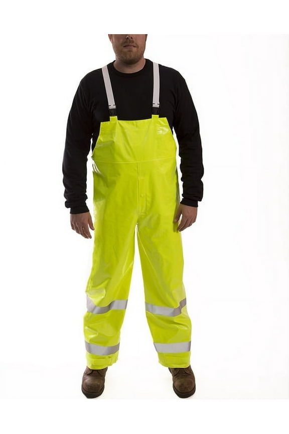 2X Fluorescent Yellow/Green Comfort-Brite 14 mil PVC And Polyester Class E Level 2 Flame Resistant Rain Bib Overalls With Fly Front And Snap Closure And Silver Reflective Tape