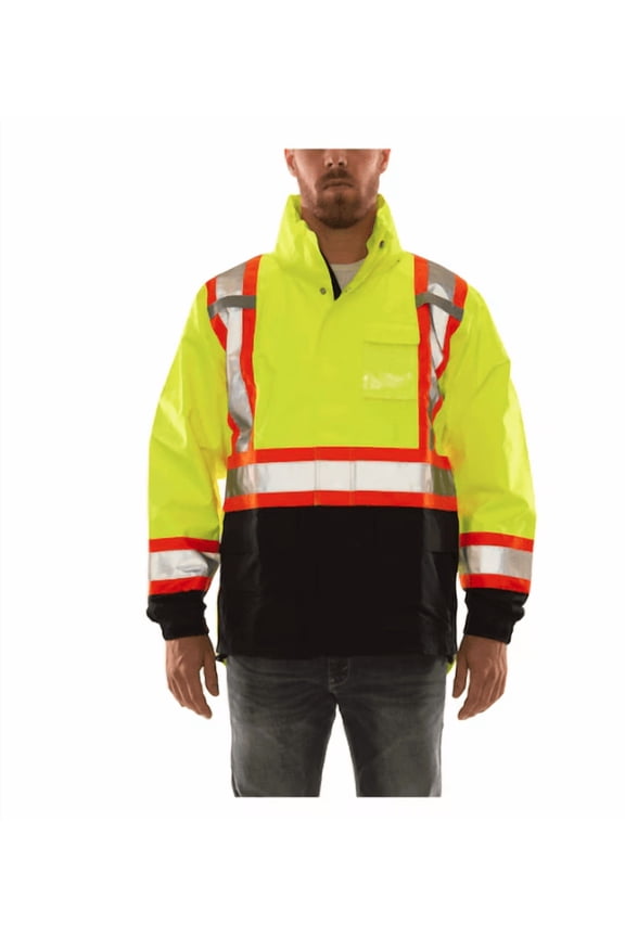 Rain Jacket High Visibility Green XL Waterproof ANSI Class 3 Safety Work Coat Reflective Hood J24122C