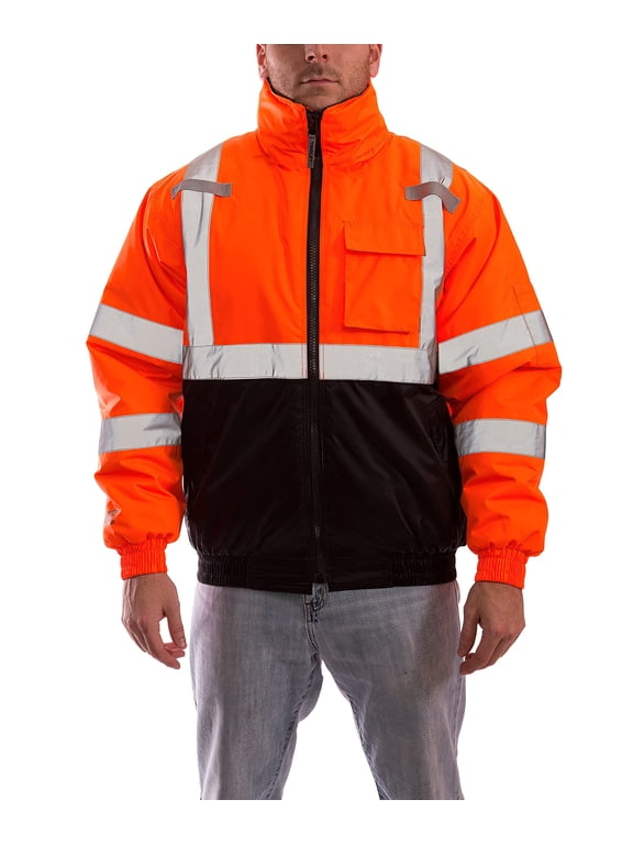 Rubber J26119 Bomber II High Visibility Insulated Jacket with Attached Hood, XX-Large, Fluorescent Orange-red/Black CA2