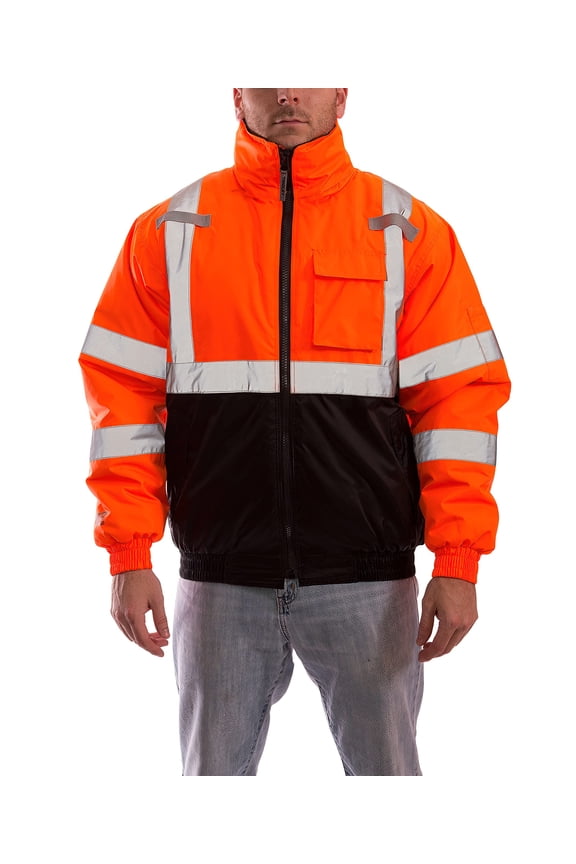 Rubber J26119 Bomber II High Visibility Insulated Jacket with Attached Hood, XX-Large, Fluorescent Orange-red/Black CA2
