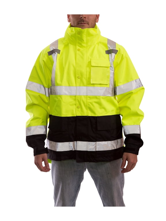 Standard Icon High Visibility Jacket with Attached Hood, Fluorescent Yellow-Green/Black, 4X-Large CA2