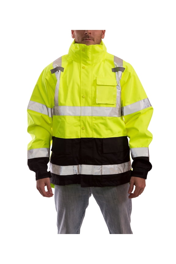 Standard Icon High Visibility Jacket with Attached Hood, Fluorescent Yellow-Green/Black, 5X-Large CA2