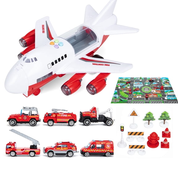 Tinglu Kids Educational Car Toys Set Transport Cargo Airplane Mat Vehicle Construction Car Set 6 Cars Large Plane 11 Road Signs