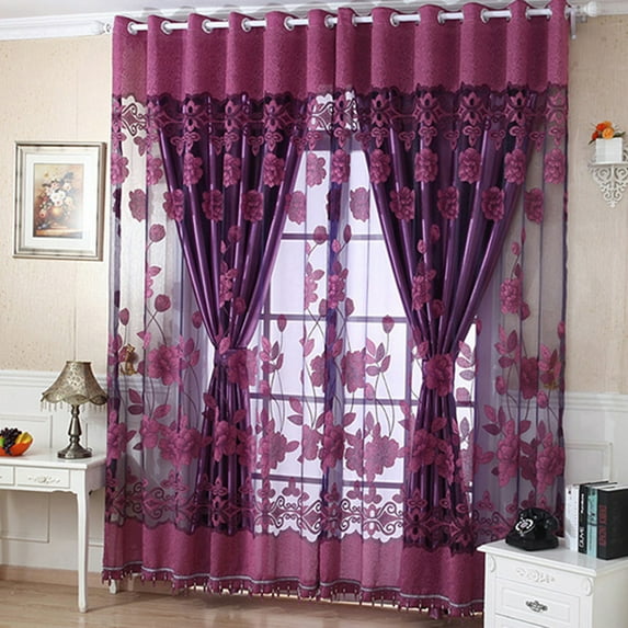 Tinglu Tulle Curtains Voile Window Screening Valance with Flower Curtains