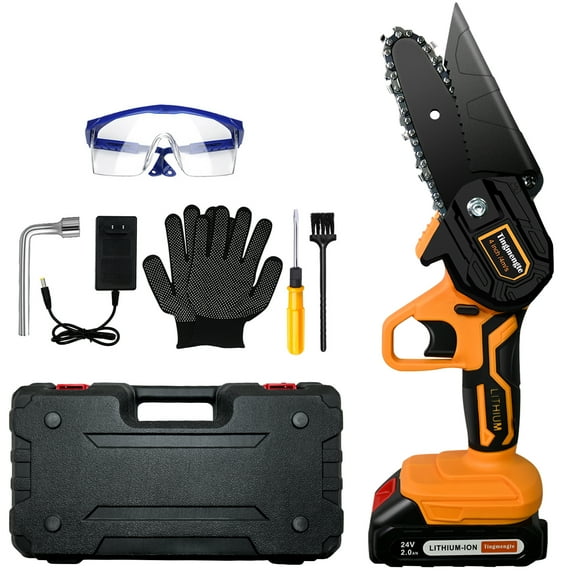 Tingmengte 4" Mini Chainsaw with Batteries Chains Glove Set, 4-Inch Cordless Handheld Chain Saw Wood Cutter