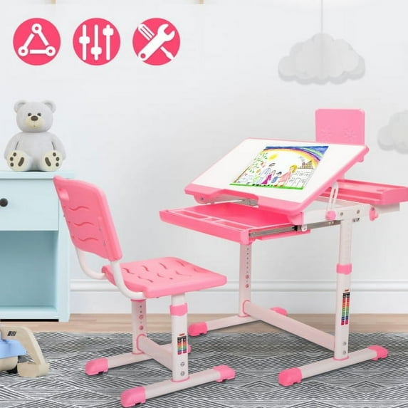 Height Adjusting Kid’s Desk and Chair Set Study Station with Tiltable Table-top, Corner Guard, Book Rack, Lamp Slot and Drawer