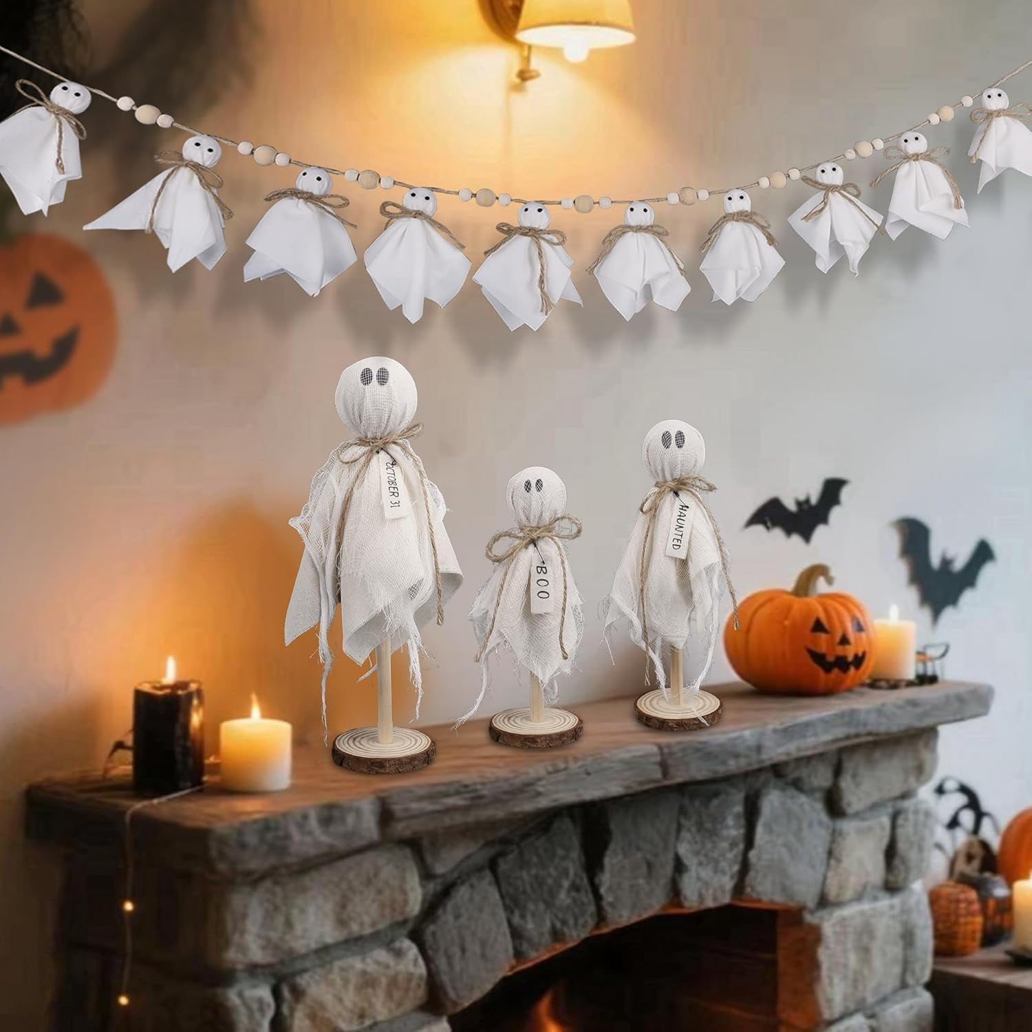 Halloween Wooden Ghost Decor Set Of 3 - Tiered Tray & Shelf Decor, Cute Weathered White Ghosts