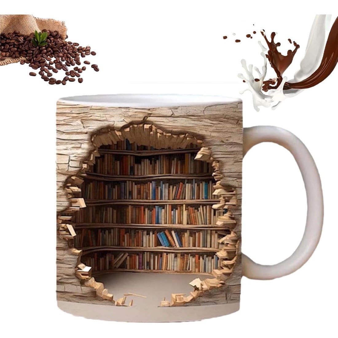 Tingzi 3D Mug, Yifare 3D Mug, 3D Bookshelf Mug Coffee Mug, 3D Library Coffee Mug, Library Shelf Cup, Creative Space Design Multi-Purpose Ceramic Mug, 3D Book Mug Cool Gifts for Readers (Brown)