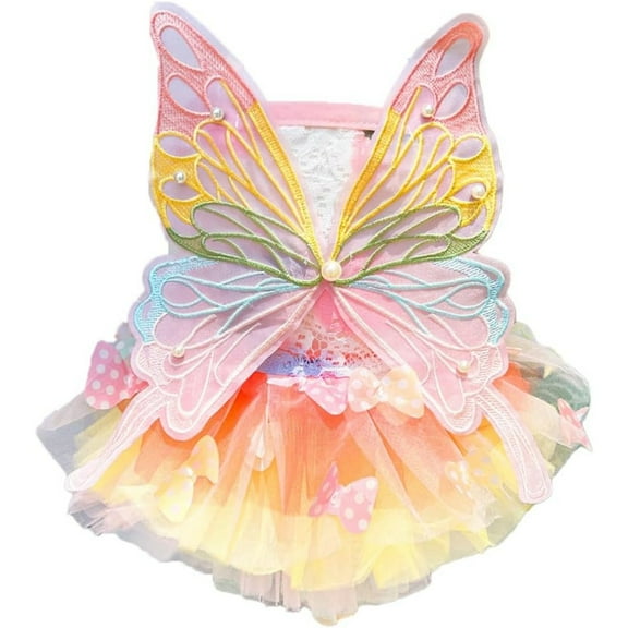 Tingzi Rainbow Butterfly Dog  Princess Dresses,Funny Dog Clothes with Wing Girl Puppy Dress for Small Dogs Pet Butterfly Costume Holiday Cat Outfit for Halloween Birthday Wedding