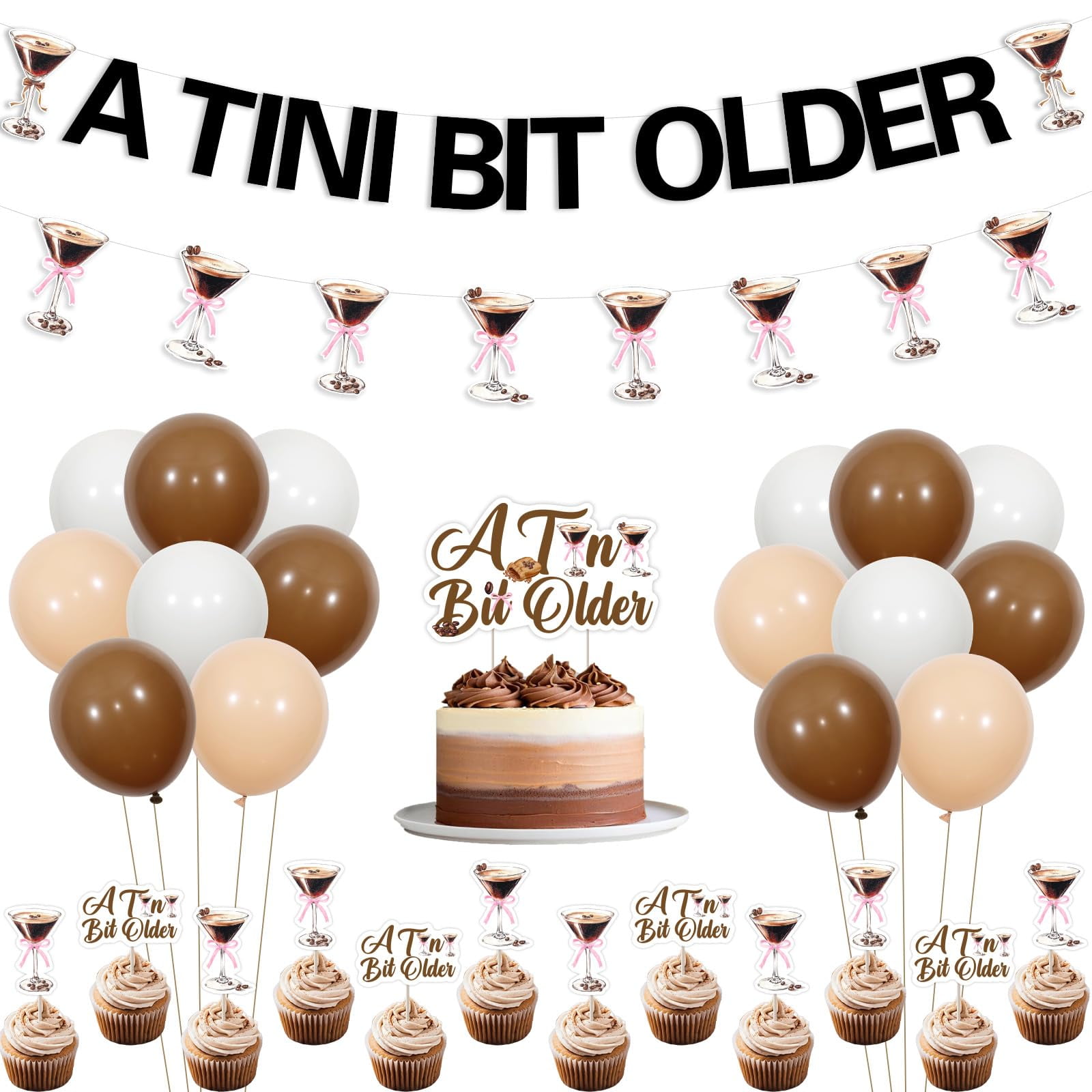 "A Tini Bit Older" Gold Glitter Martini Cake Topper - Cocktail Birthday Party Decoration, Pre-Assembled