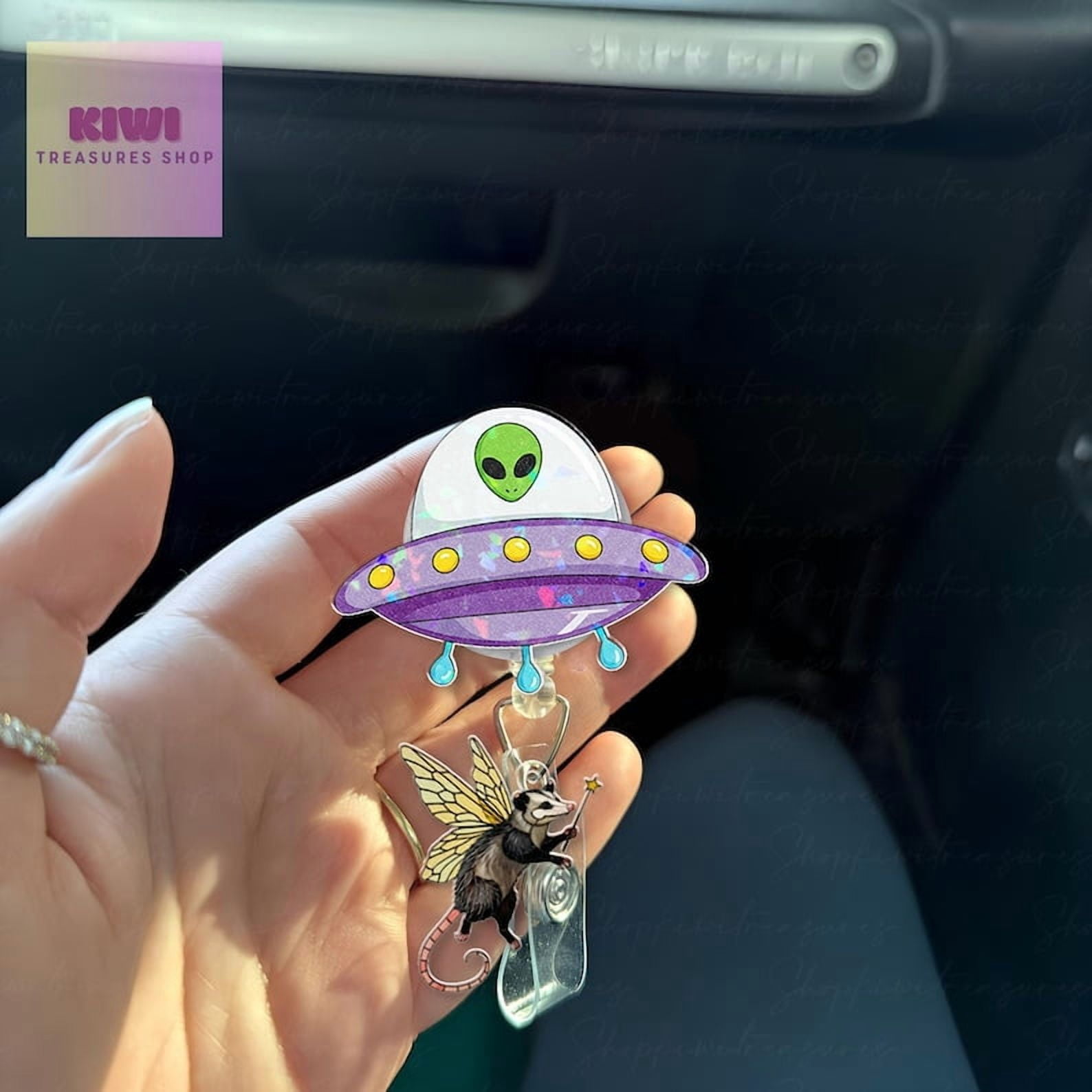 TiniDecor Alien UFO Possum Badge Reel, Retractable Acrylic ID Holder, Cute Gift for Healthcare Workers