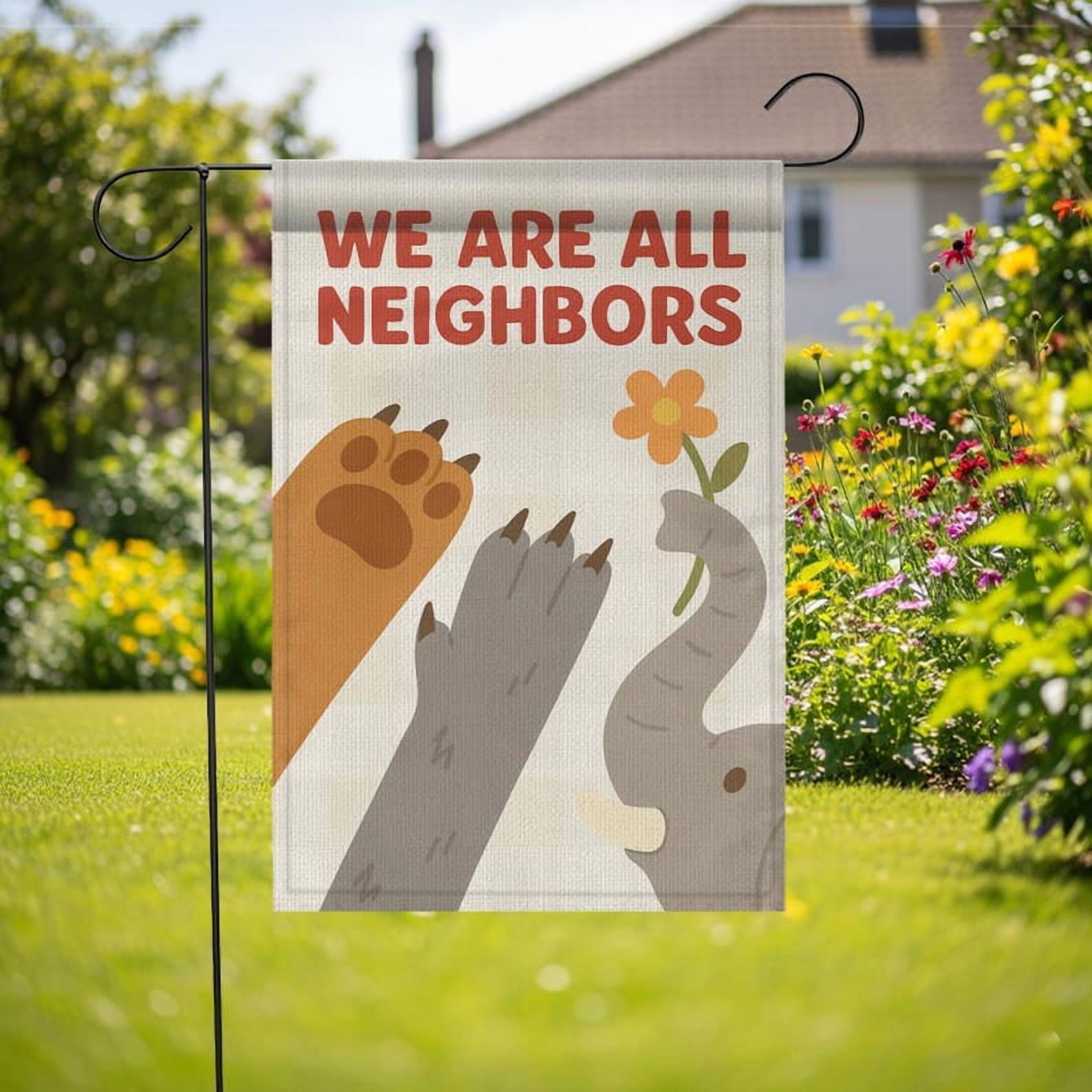 TiniDecor Animal Garden Flag – We Are All Neighbors Outdoor Banner, 28” x 40” Paw and Elephant Design